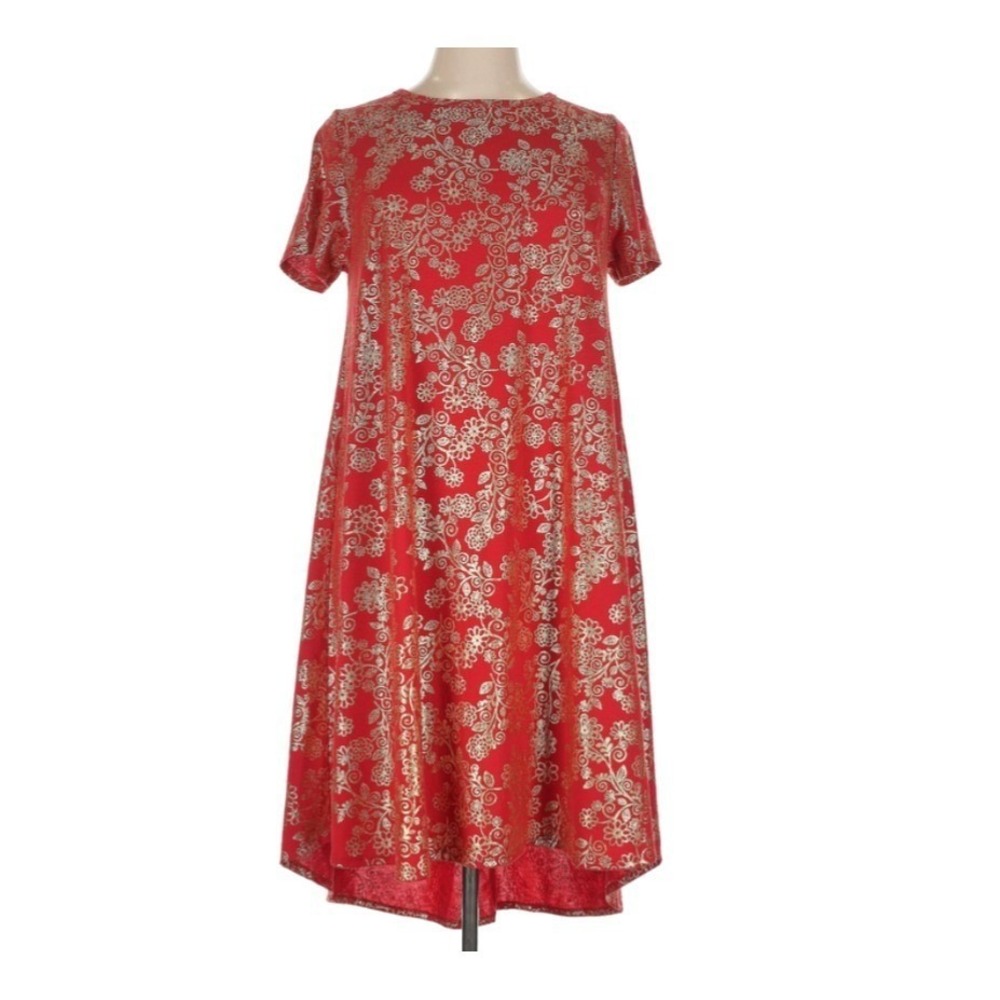 LuLaRoe Womens Dress Carly Size 2XL Elegant Red Gold Foil Paisley Floral 2X NWT